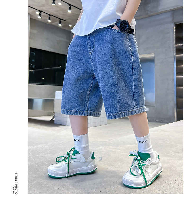 Pantaloni scurți din denim pentru băieți la modă, vara 2024, ediție coreeană nouă, la modă, mărime medie, pantaloni lungi pentru copii_voghion.com