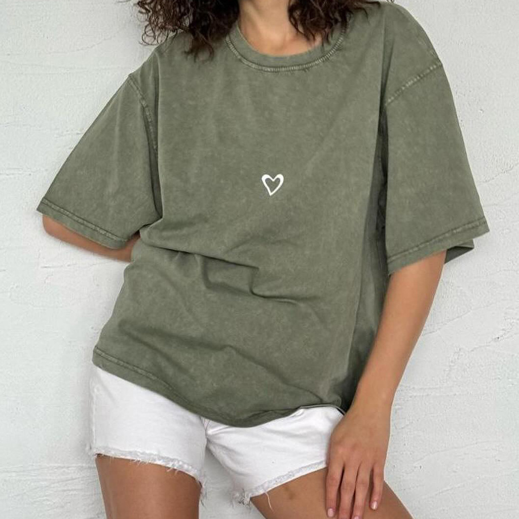 Women's clothing distressed washing water casual short women's T-shirt summer basic love embroidery outer half sleeved_voghion.com