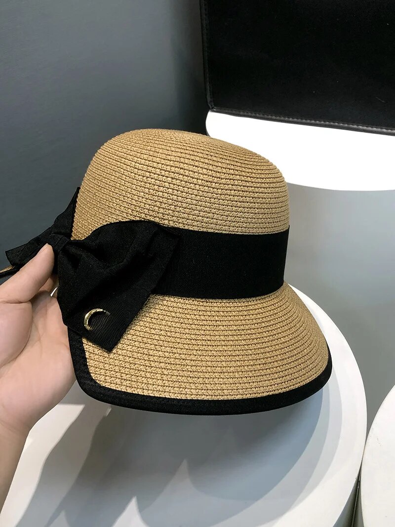 2024 Hot Selling Women's Personalized Fashion Letter Sunscreen Bow Grass Knitted Hat UV Protection Summer Breathable Sports Couple Sun Hat_voghion.com