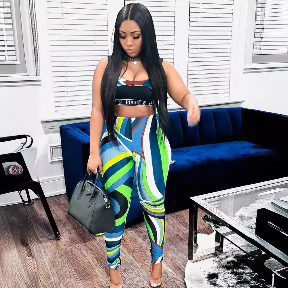 European And American Fashion Sexy Strap Tight Waist Personalized Printed Set