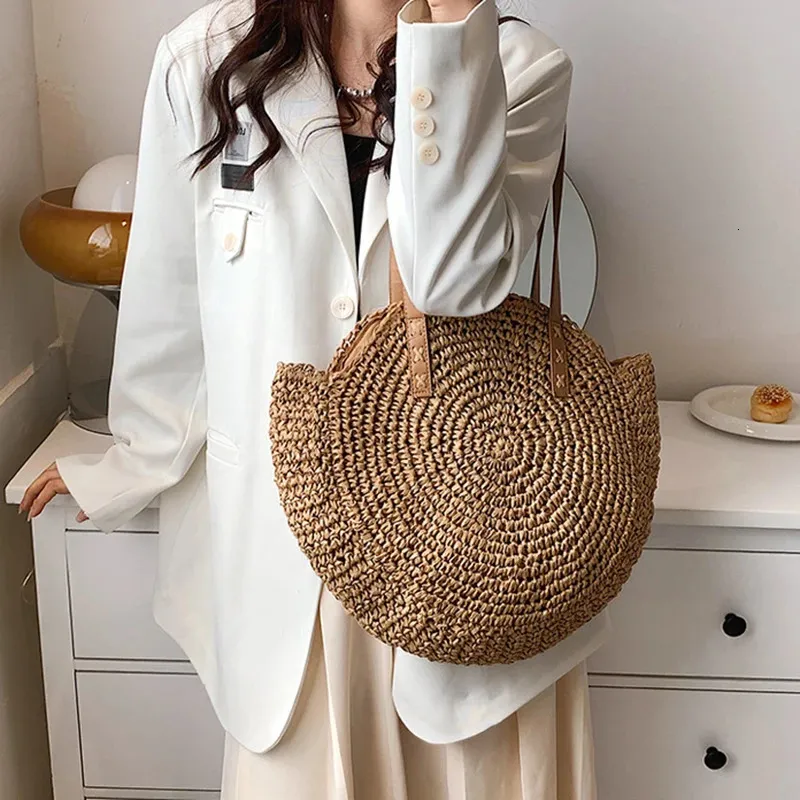 Damen Stroh Schultertasche Für Den Strand Große Handtasche_voghion.com