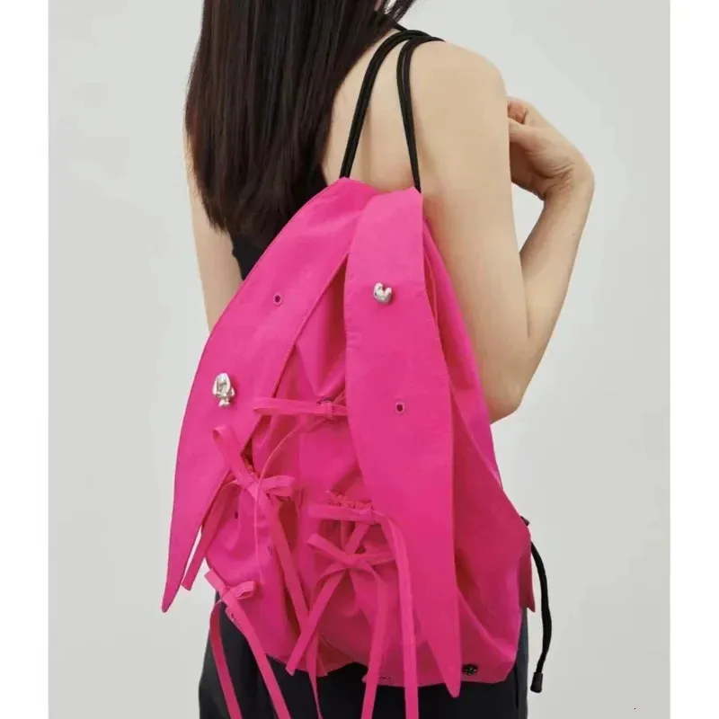 INS coreano coniglio orecchie fiocco lacci coulisse plissettato casual spalla femminile grande capacità tote borsa zaino leggero_voghion.com