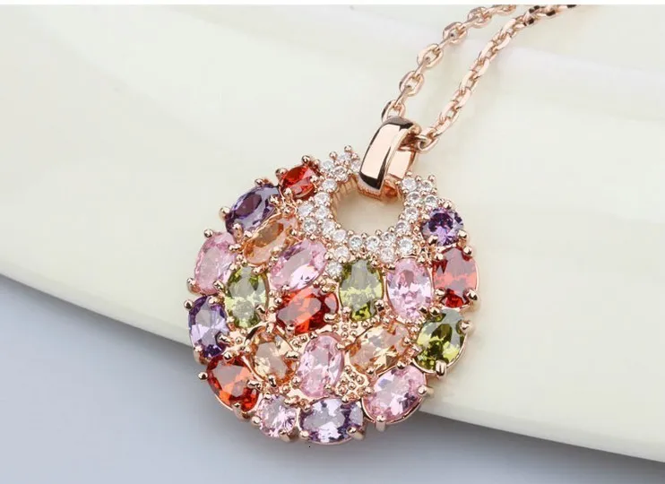 Nova moda quente multicolorido cristal redondo colar pingentes ouro rosa cz zircão joias para mulheres presentes_voghion.com