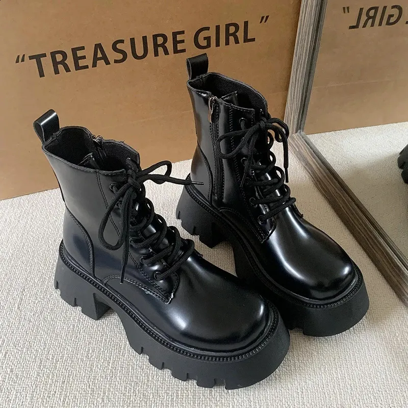 Patent Leather Platform Ankle Boots For Women Motorcycle Style_voghion.com