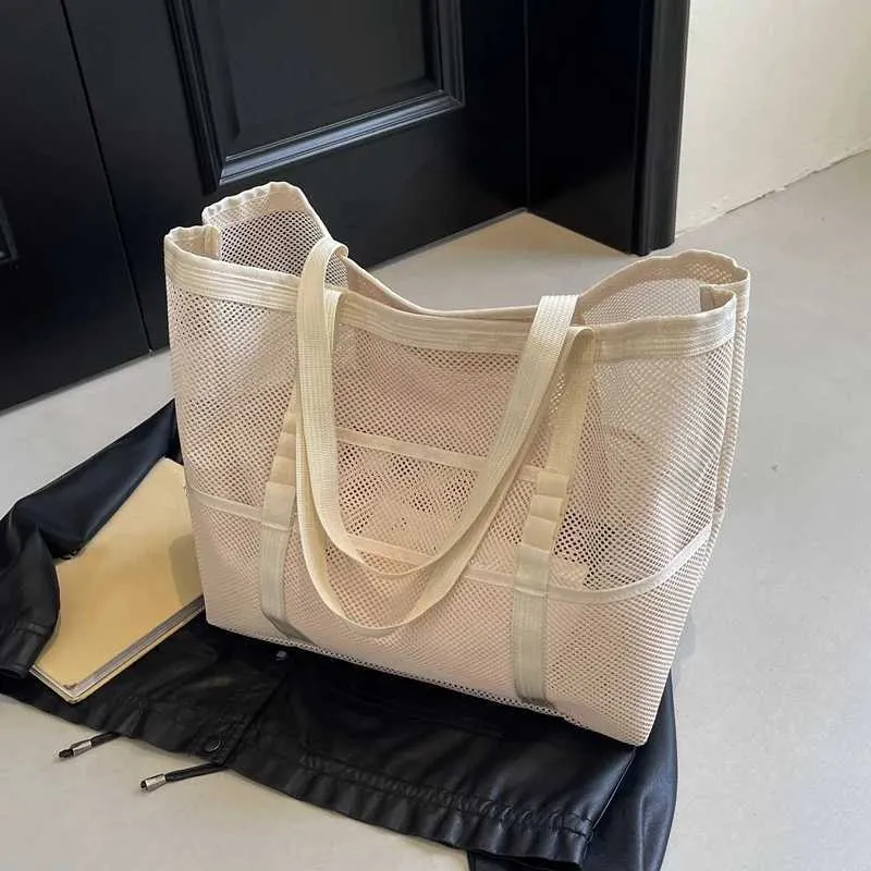 Portable mesh large capacity reusable storage swimming beach bag womens makeup organizer shopping handbag Y241011_voghion.com