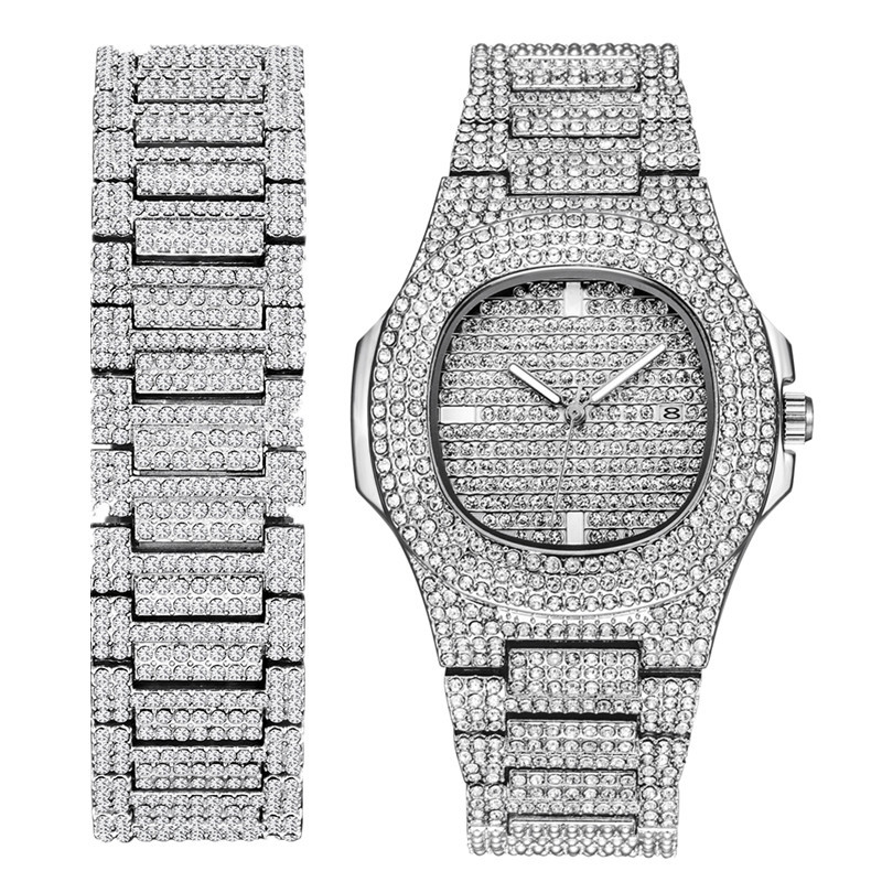 Orologi al quarzo con data di braccialetto di diamanti Hip Hop di marca cool da uomo_voghion.com