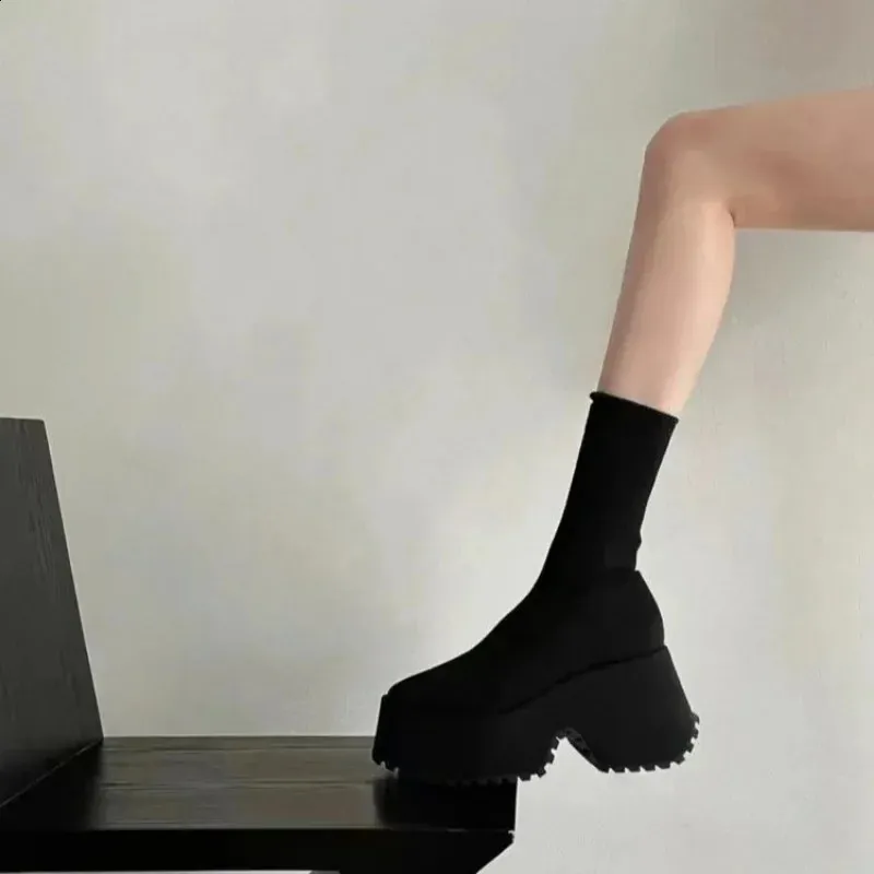 Sock Woman Hided Female Casual Shoes Autumn Wedge Lady Knitting Short Ankle Boots Platform 11 CM 240826_voghion.com