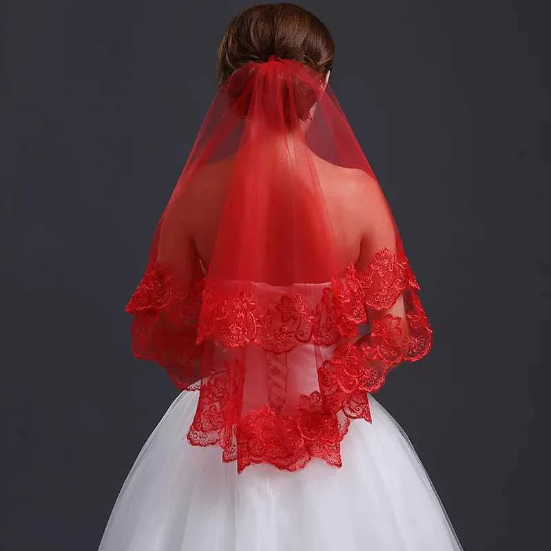 Haarsieraden Klassieke Rode Bruids Bruiloft Eenvoudige Lange Kanten Sluier Hoofddeksel Voor Vrouwen_voghion.com