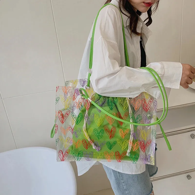 Heart Pattern Clear Pvc Tote Bag And Shoulder Bag Set For Summer_voghion.com