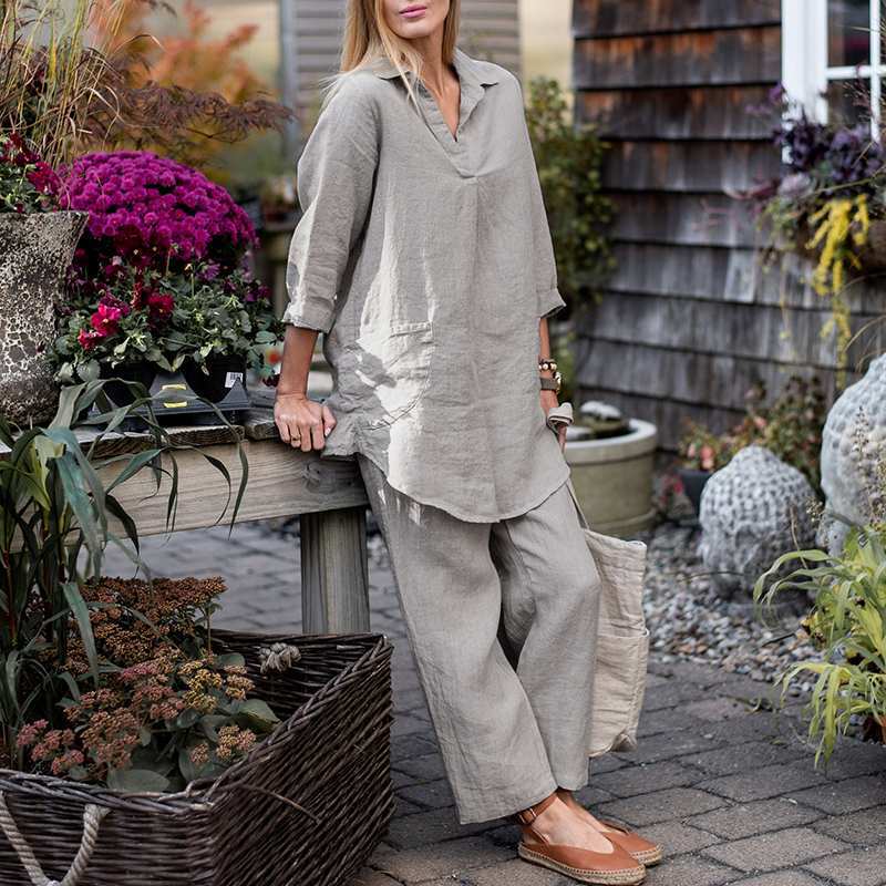 Women's shirt wide-leg pants solid color elegant casual retro suit_voghion.com