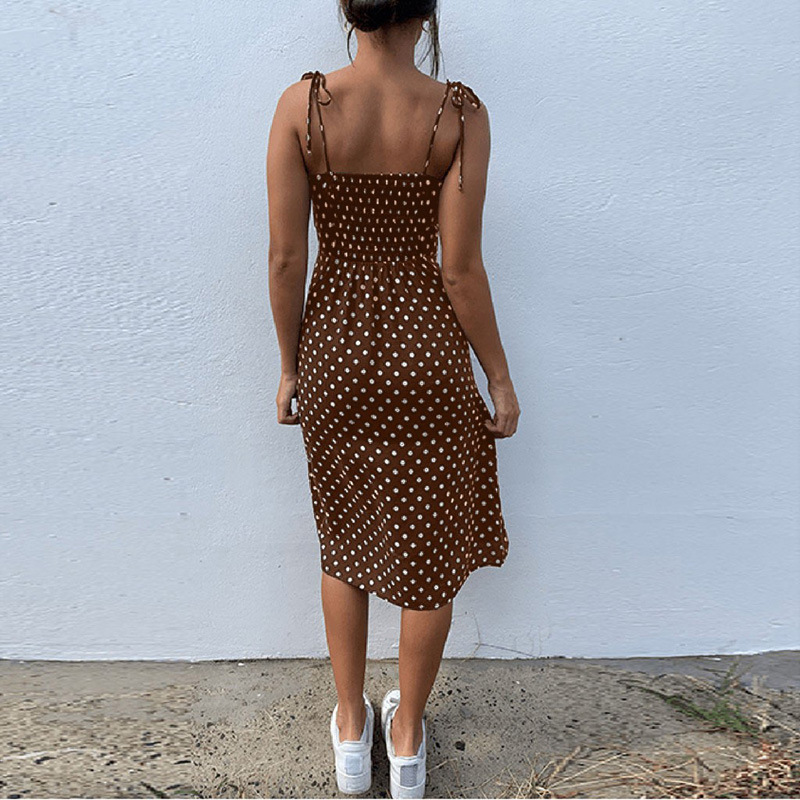 Women's Black And White Polka Dot Slit Dress With Elastic Strap_voghion.com