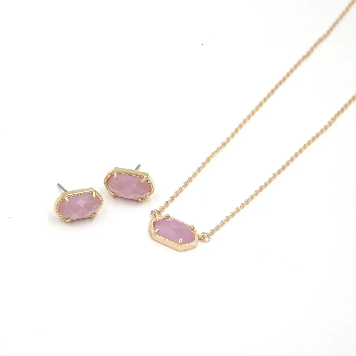 Faceted Resin Pendant Necklace And Stud Earrings Set Purple_voghion.com