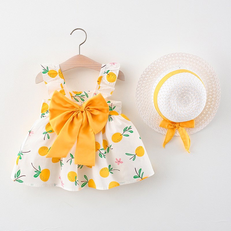 Baby Girl Dress Flower Printed Cotton Dress Fashion Bow Kids Summer Vacation Clothes Send Hat_voghion.com