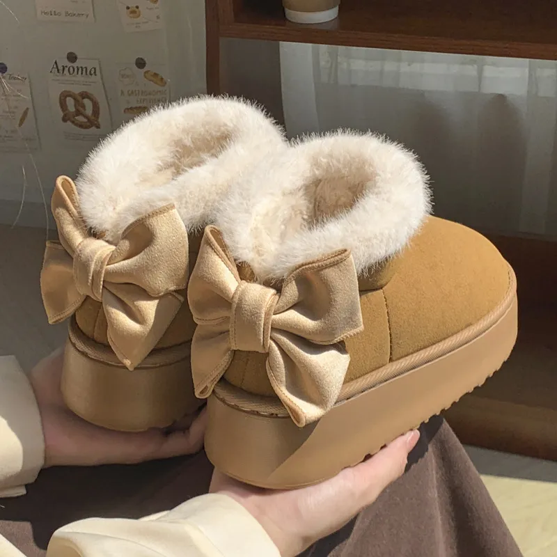 2024 new woolen bag with butterfly knot cotton shoes for women's winter thick soled height increasing versatile and_voghion.com