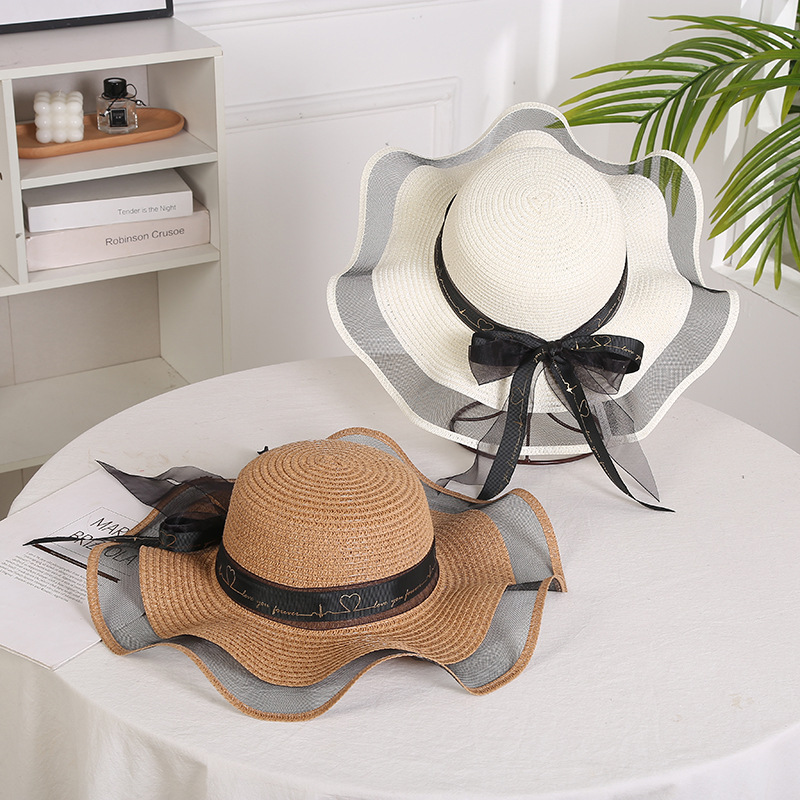 Hats for women, summer mesh straw large brimmed foldable sunshade hats, bow beach hats_voghion.com