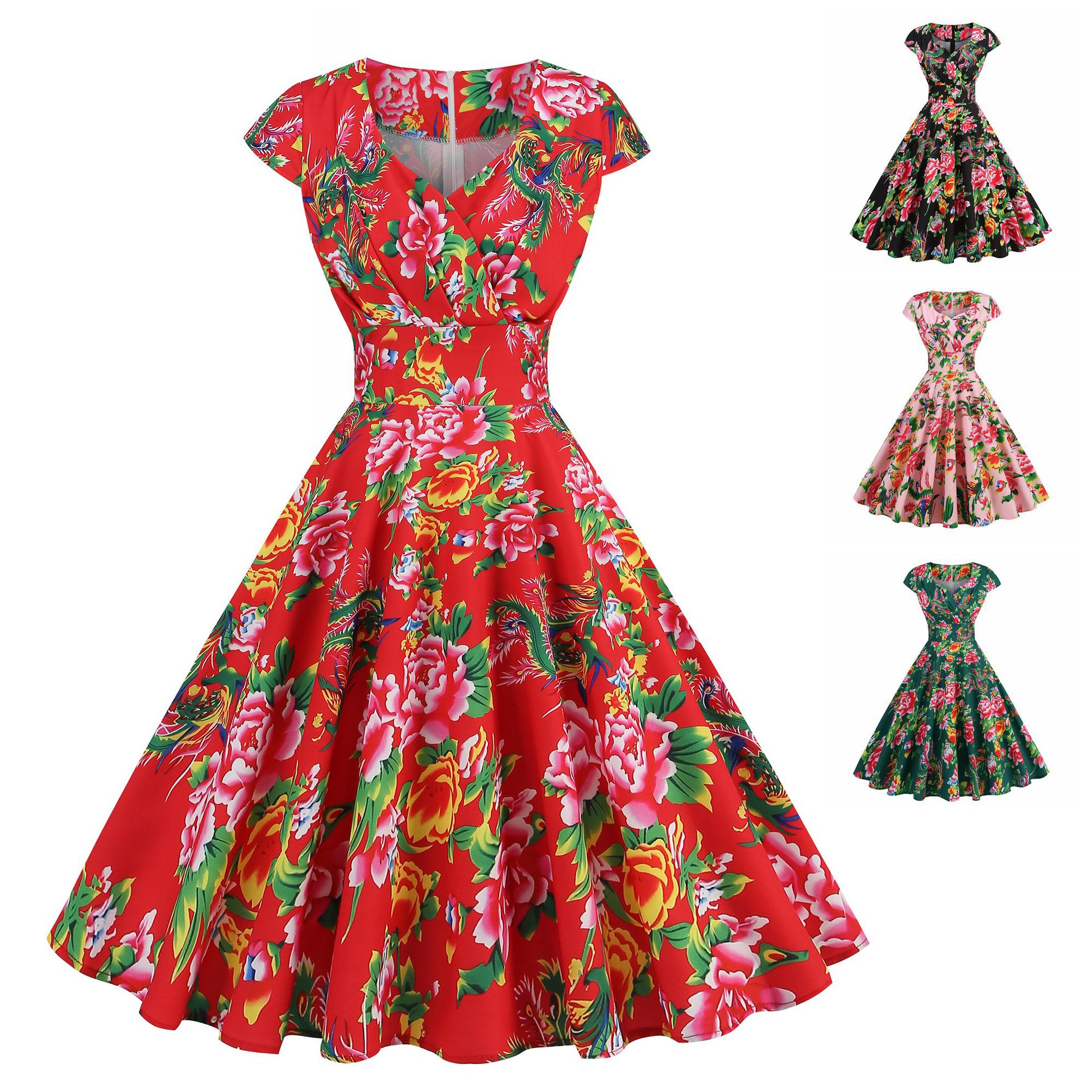 X Women’s Summer V-neck Short Sleeved Northeastern Red Flower Printed Big Swing Dress
