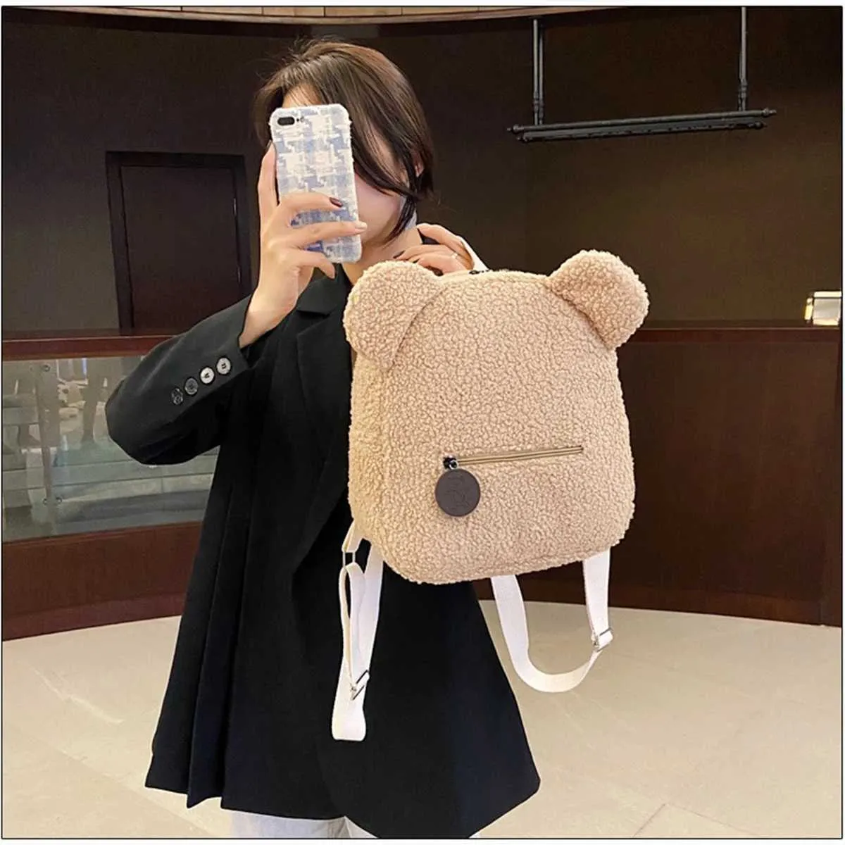 Plüsch Damentasche Herbst und Winter neue koreanische Version süßer kleiner Bär Ohr Rucksack Mädchen Eltern-Kind-Tasche-LJXC241217_voghion.com