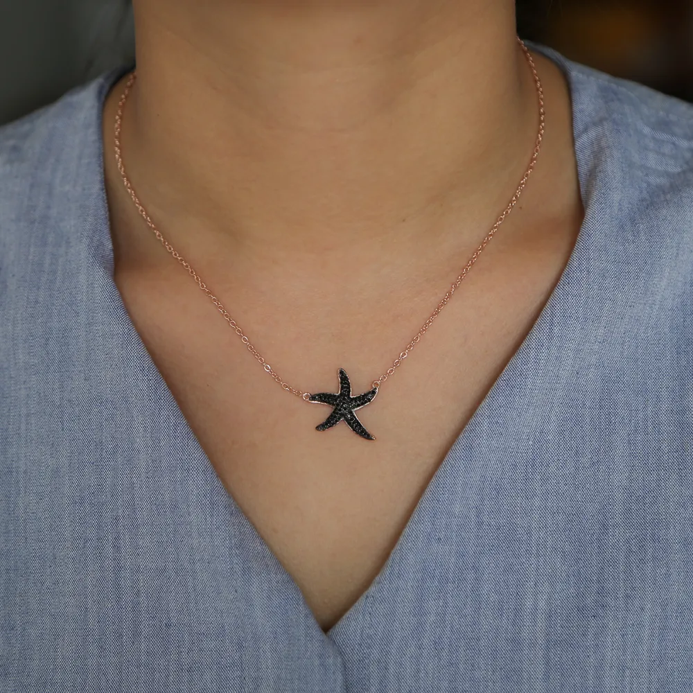 Collier avec pendentif étoile de mer noire en or rose de 41 cm avec chaîne de 5 cm et bijoux d'été gratuits sur le thème de la plage_voghion.com