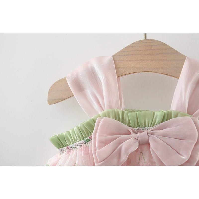 New Girls' Summer Dress Halter Pompadour Skirt Bow Cherry Cherry Lady Style Princess Dress Birthday Party Sleeveless Dress (Girls 0-3 Years Old)_voghion.com