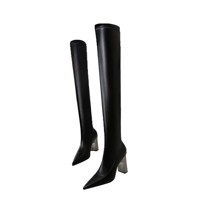 Brand Women Leather Thigh Thick High heels Stretch Skinny Over the knee boots Autumn Winter Warm Female Boots Shoes_voghion.com