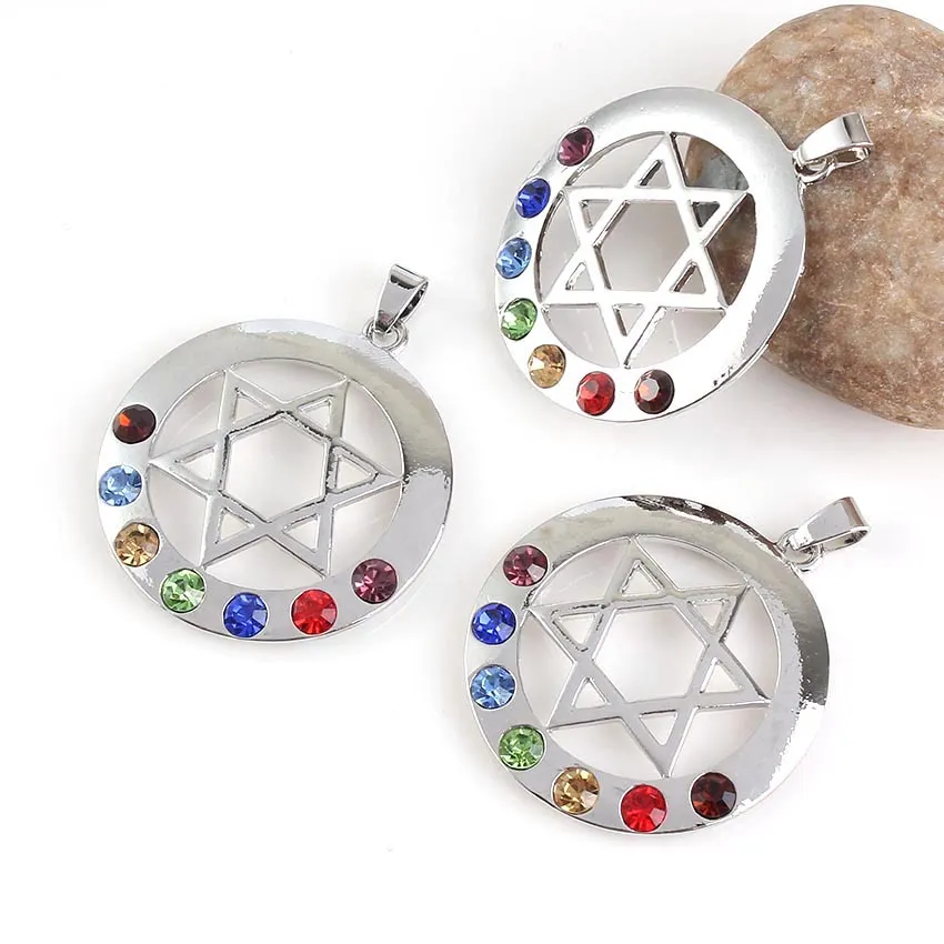 Colliers pendentifs Xinshangmie plaqué argent étoile de David amulette ronde bouclier de protection Reiki 7 cristal strass Chakra_voghion.com