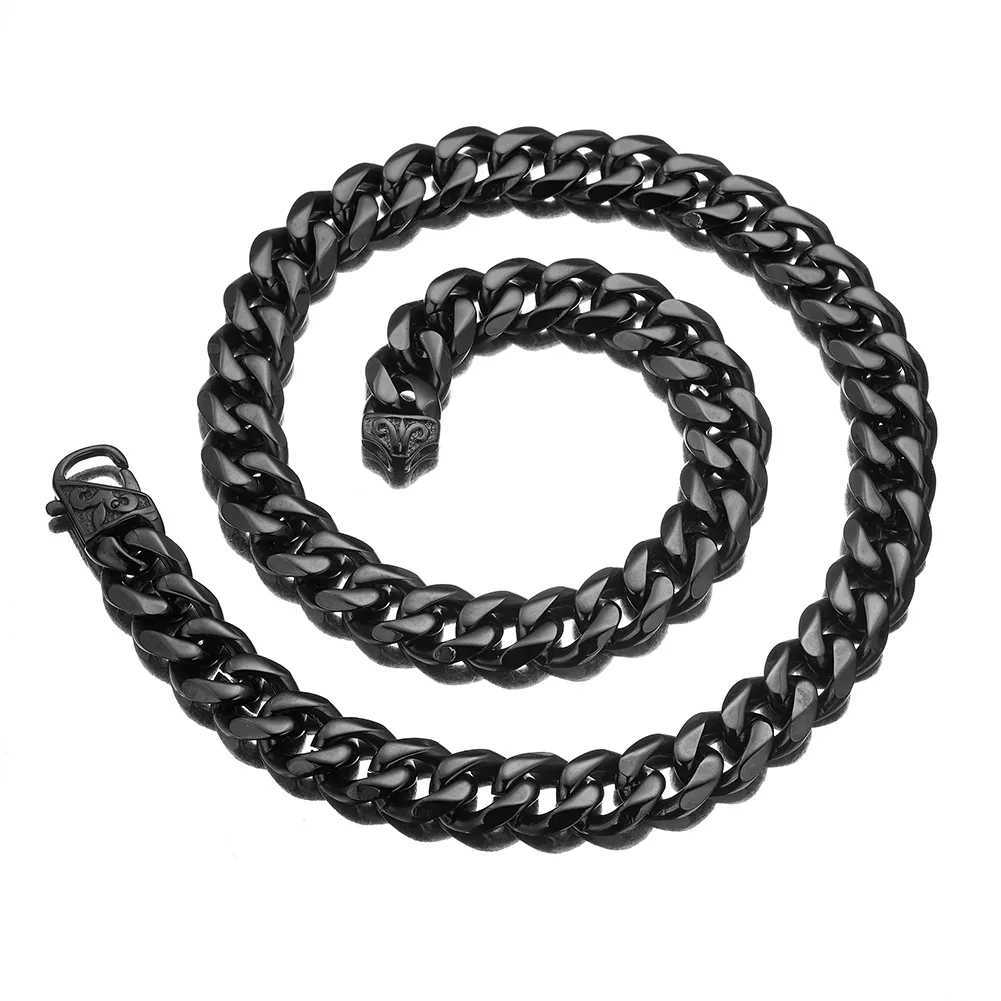 Chaînes 13/15 mm de large Hip-hop en acier inoxydable couleur argent/or/noir chaîne cubaine gourmette pour hommes et femmes collier ou bracelet_voghion.com