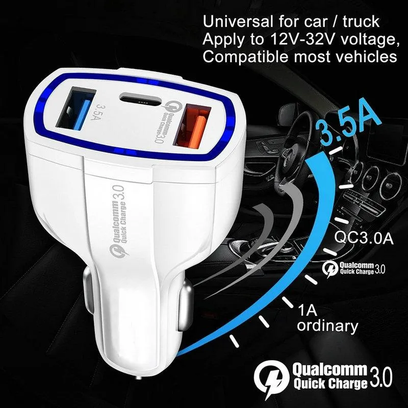 Con scatola al dettaglio, caricabatterie da auto USB 3 in 1, ricarica rapida, tipo C, QC3.0, PD, QC 3.0, caricabatterie USB per iPhone 13, 12, 11, X, 8, 7 Pro._voghion.com