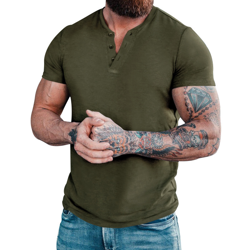 2023 Neues Sommer-T-Shirt für Herren, lässig, einfarbig, kurzärmelig, Rundhalsausschnitt, Pullover, Knopfleiste, Henley-Shirt_voghion.com