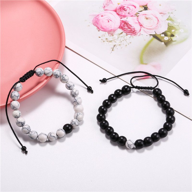 Fashion Retro Black Matte White Turquoise Braided Buddha Beads Set Men's Adjustable Couple Bracelet_voghion.com