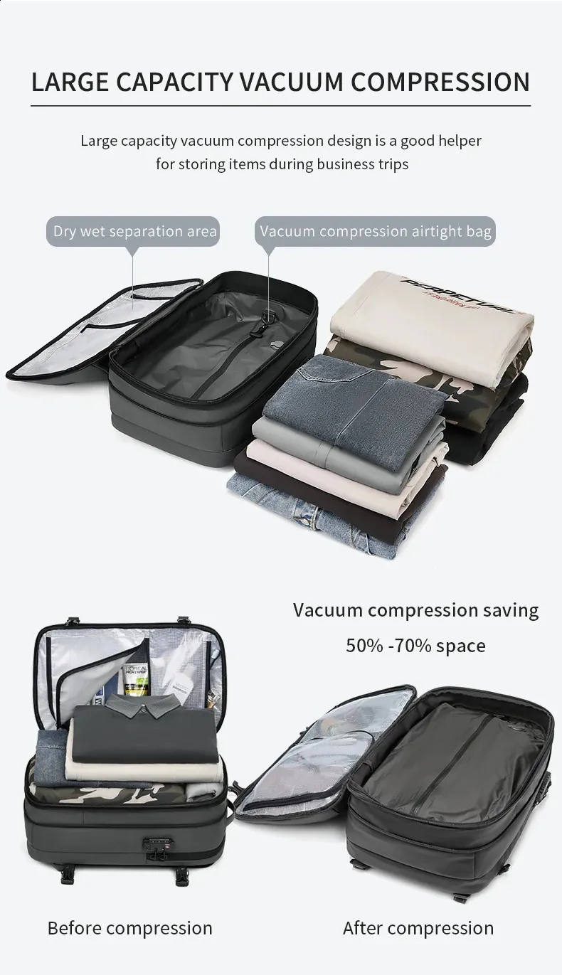 Sac à dos de voyage à compression sous vide pour hommes, sac à dos d'école de grande capacité pour ordinateur portable de 17 pouces, sac à dos de randonnée étendu 240729_voghion.com