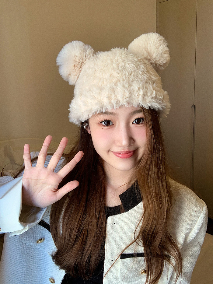 Autumn and Winter Cute Little Bear Plush Ear Protection for Children's Versatile Warmth Double Hair Ball Knitted Hat_voghion.com