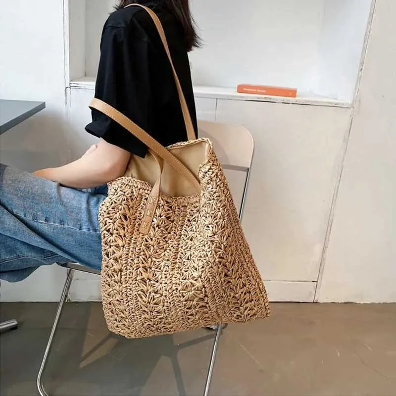 Fashion turf large capacity shoulder shopping bag womens vacation beach wallet Bohemian ragtan knitted handbag Y241011_voghion.com