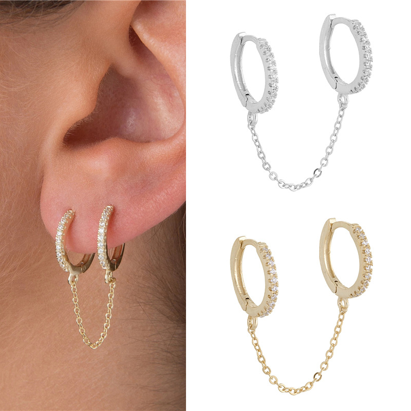Women's sterling single round tassel chain earrings micro inlaid zircon personality trend earrings