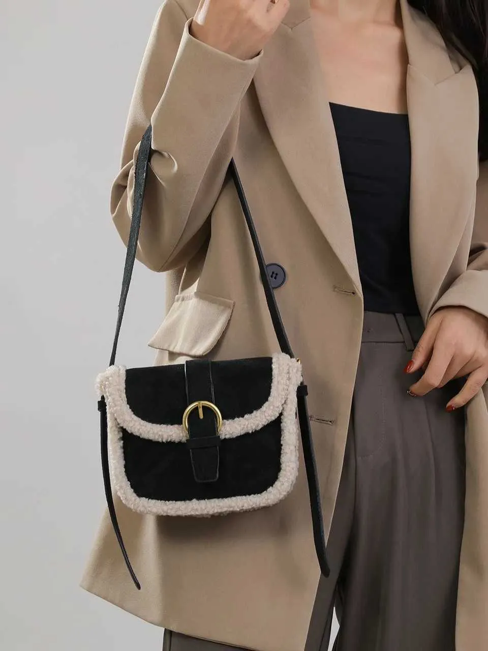 Retro-Crossbody aus Lammwolle für vielseitige, süße Geldbörsen und Handtaschen für Damen, Umhängetasche, Bolsos De Mujer, SacC241212_voghion.com