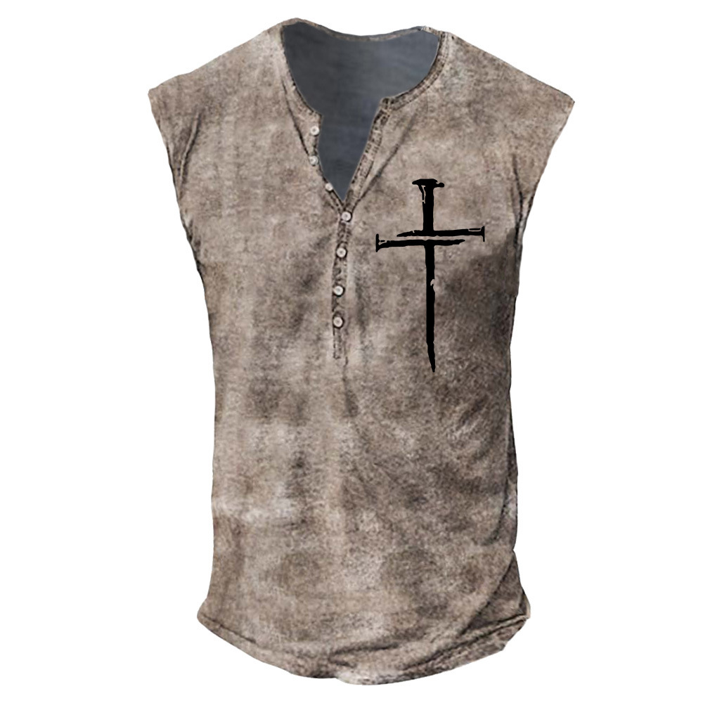 Youth Men's Cross Print Collarless Casual Tank Top Large Men's Vest_voghion.com