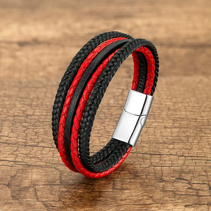 Schwarz Rot Multilayer Handgewebte Leder Wrap Vintage Stil Charme Herren Armbänder Armreifen Männlichen Geschenk Armband Schmuck_voghion.com