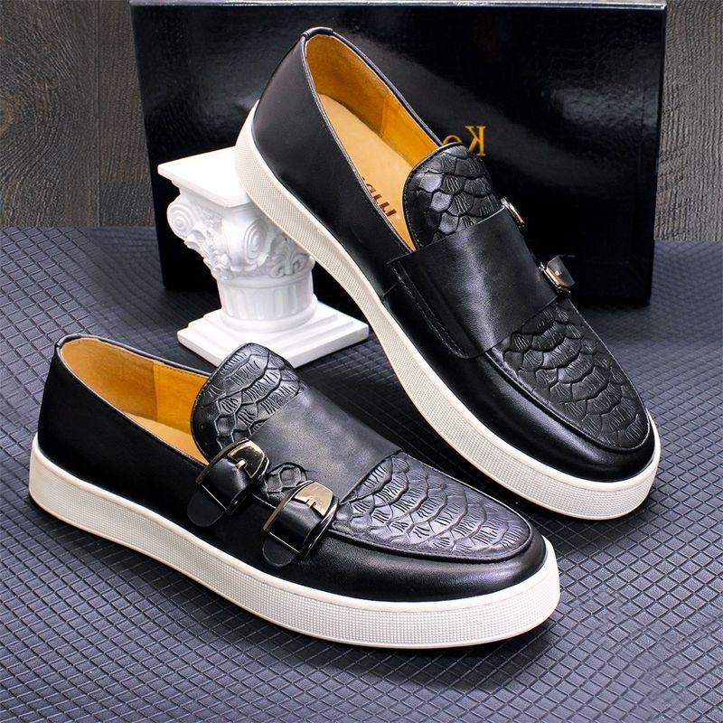 Men's double buckle casual genuine leather loafers men's comfortable flat shoes daily versatile slip on_voghion.com