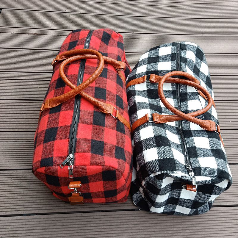 Schwarze und weiße Gepäcktasche, große Kapazität, PU-Griff, Wochenend-Reisetasche, rote karierte tragbare Umhängetasche_voghion.com