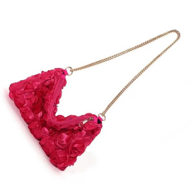 E74B 3D Rose ral Pochette de soirée pour femme en satin pailleté Sac à main bandoulière Sac à main avec chaîne pour fêtes de mariage_voghion.com