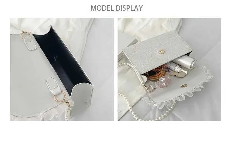 Borsa a tracolla in pizzo con cinturino in perle, elegante e semplice, con tracolla, in PU, sotto le ascelle, 2023, estate, bianca, Ba241212_voghion.com