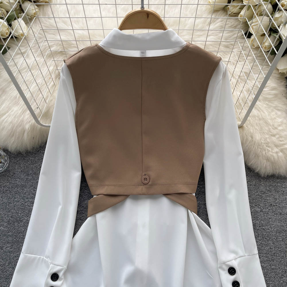 Ženska oblačila Ženska dvodelna obleka za ženske v jeseni, modna in elegantna, večplastna kratka majica brez rokavov, bela srajca z dolgimi rokavi_voghion.com