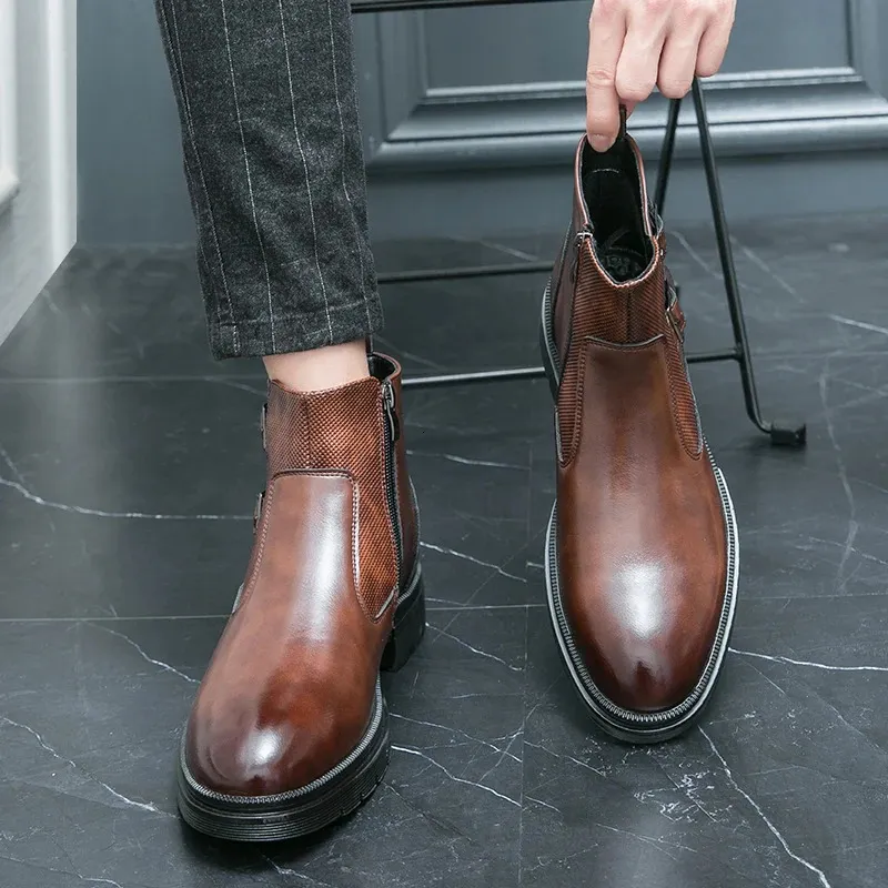 Classic Leather Business Ankle Boots For Men With Double Buckle_voghion.com