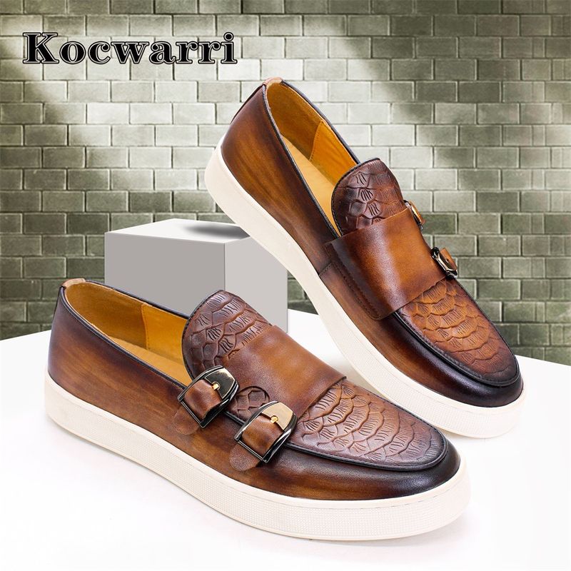 Men's double buckle casual genuine leather loafers men's comfortable flat shoes daily versatile slip on_voghion.com