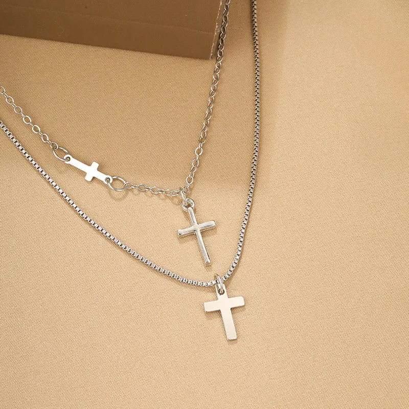 Colliers pendentifs Collier simple à double couche en croix pour femmes Chaîne élégante à gouttelettes de strass Colliers fins_voghion.com