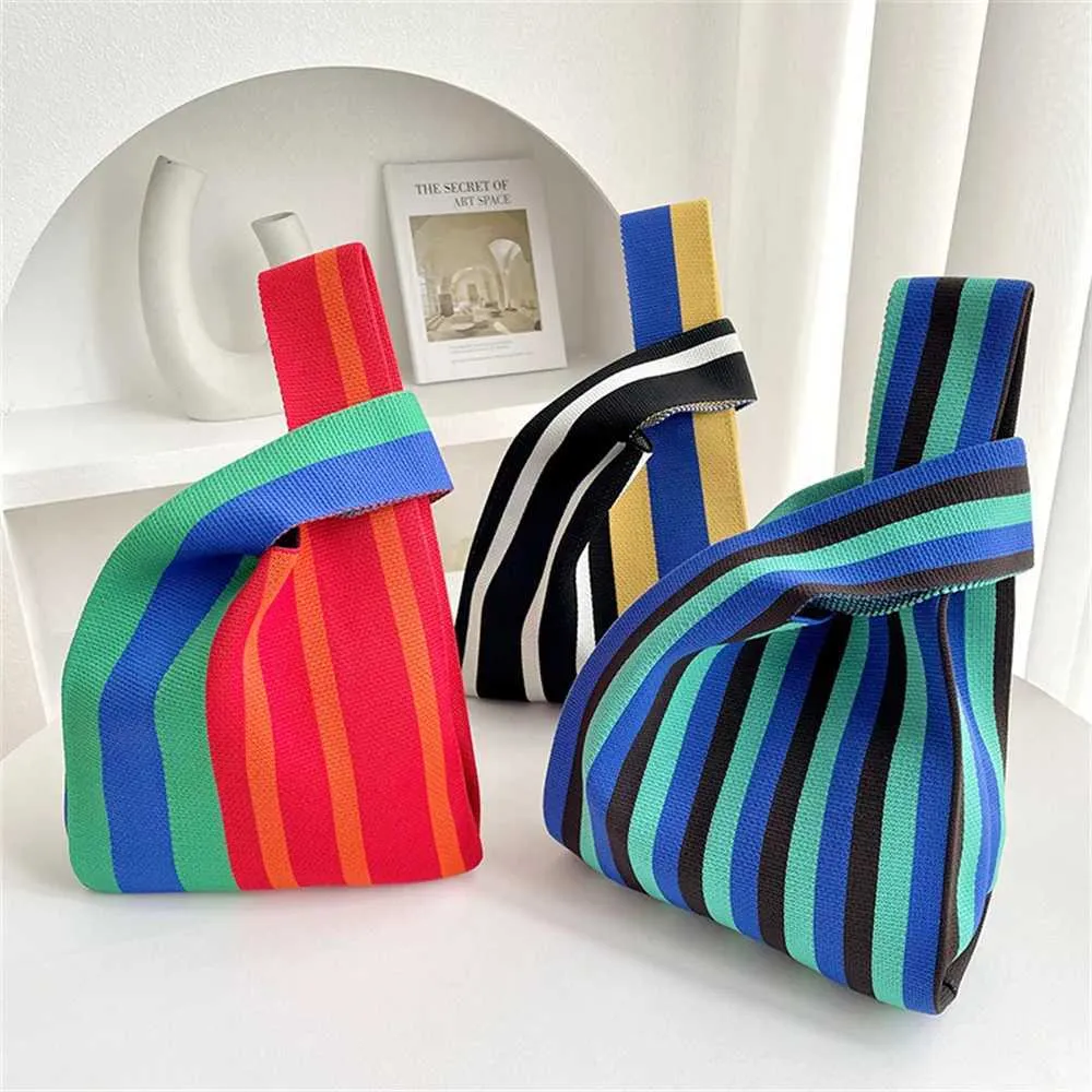 Japansk tyndstribet lærredsvævet varm mini knude håndled casual farvet håndlavet strikket håndtaske genanvendelig indkøbstaske nøgle_voghion.com