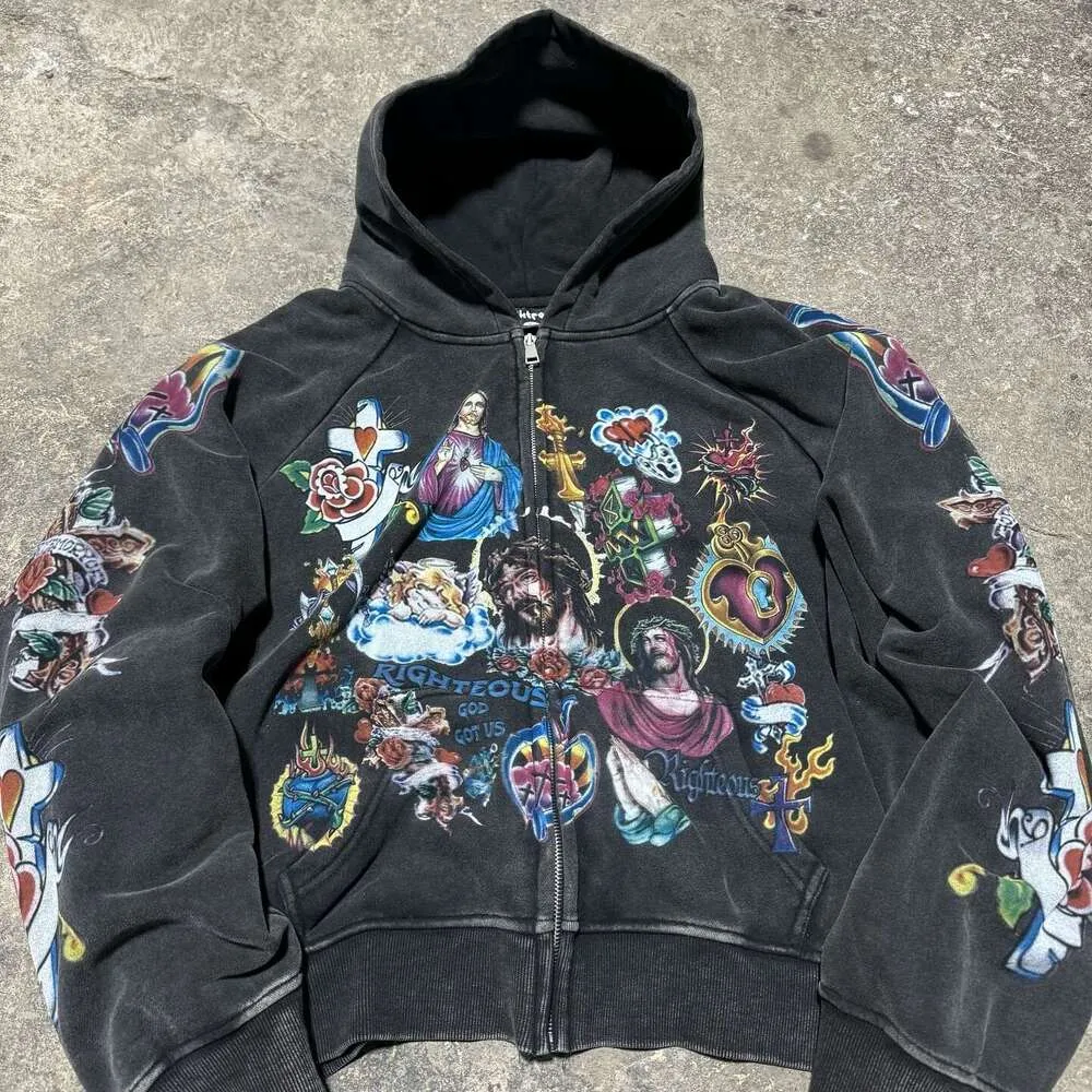 Felpa con cappuccio Y2k Retro Black Risen King Cropped Zip Up di alta qualità con cappuccio lavato con grafica gotica per uomo e donna_voghion.com