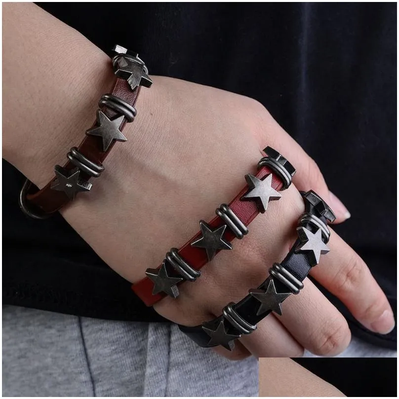 Vintage Star Leather Bracelet For Men Punk Rock Gothic Cuff Bangle_voghion.com