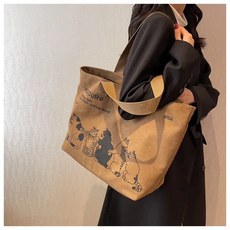 Große Tragetasche für Damen zum Einkaufen, Aufbewahren, Pendeln, Canvas-Handtasche, Cartoon-Katzen-Aufdruck, tragbare_voghion.com