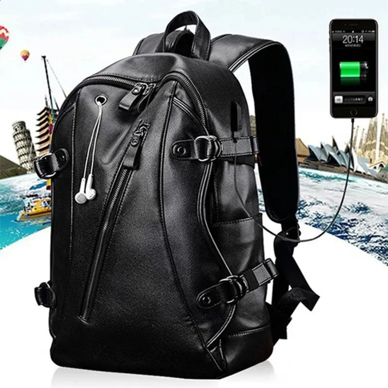 Men Waterproof Leather Backpack With Usb Charging Port Travel Bag_voghion.com