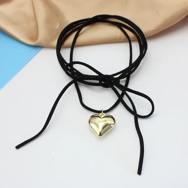 Collana girocollo con ciondolo a forma di cuore grande in stile gotico nero Veet, per donna, elegante, intrecciata, annodata, con fiocco, regolabile, a catena_voghion.com